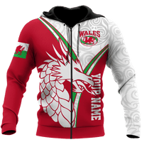 Red zip hoodie with white swirl sleeves, Wales crest and dragon design, front view