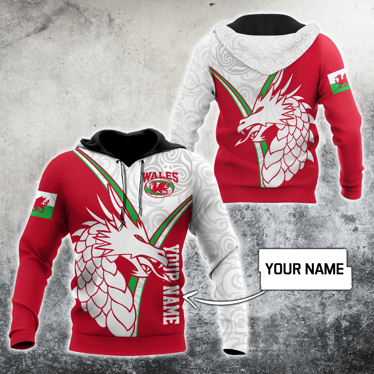 Red pullover hoodie with white hood and Wales dragon crest graphic, front view
