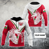 Red pullover hoodie with white hood and Wales dragon crest graphic, front view
