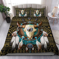 All-over printed bedding set featuring bull skull and turquoise dreamcatcher motif, multicolor
