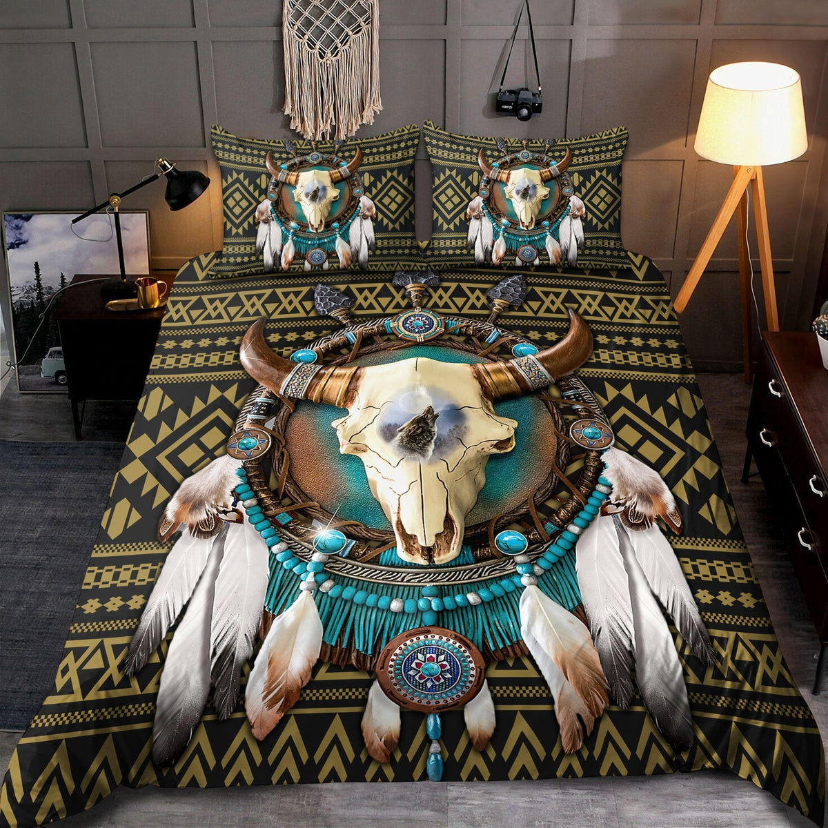 Multicolored bedding set with bull skull, dreamcatcher and Native pattern all-over print