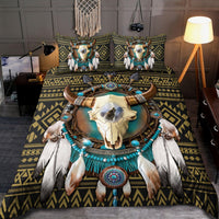 Multicolored bedding set with bull skull, dreamcatcher and Native pattern all-over print