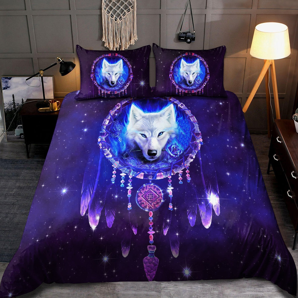 Purple wolf dreamcatcher bedding set with matching pillowcases, all-over printed design