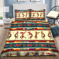 Multicolor Kokopelli bedding set: matching pillowcases with repeating tribal figures