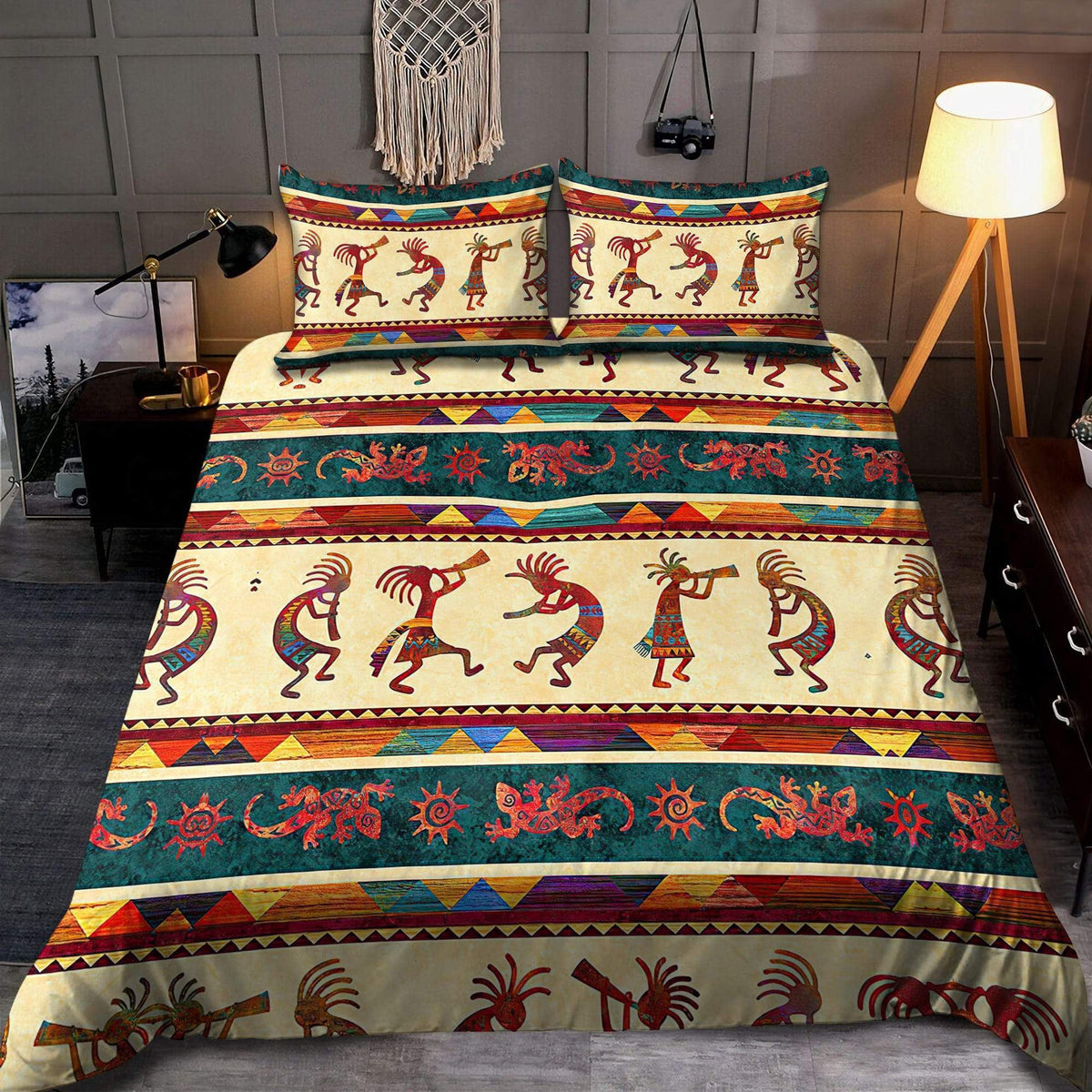 Multicolor all-over printed bedding set with Kokopelli dancers and tribal patterns