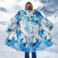 Blue all-over printed hooded coat with white wolf faces and dreamcatcher feathers