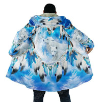 Blue hooded coat showing all-over wolf face print and feather dreamcatcher motifs