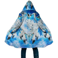 Blue hooded coat with all-over white wolf print and dreamcatcher feather graphics