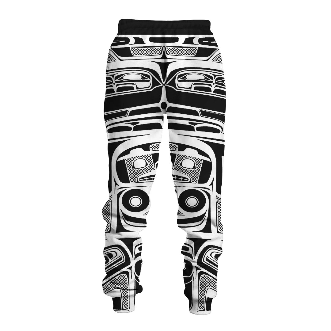 Black-and-white all-over tattoo print sweatpants with elastic waistband and cuffs