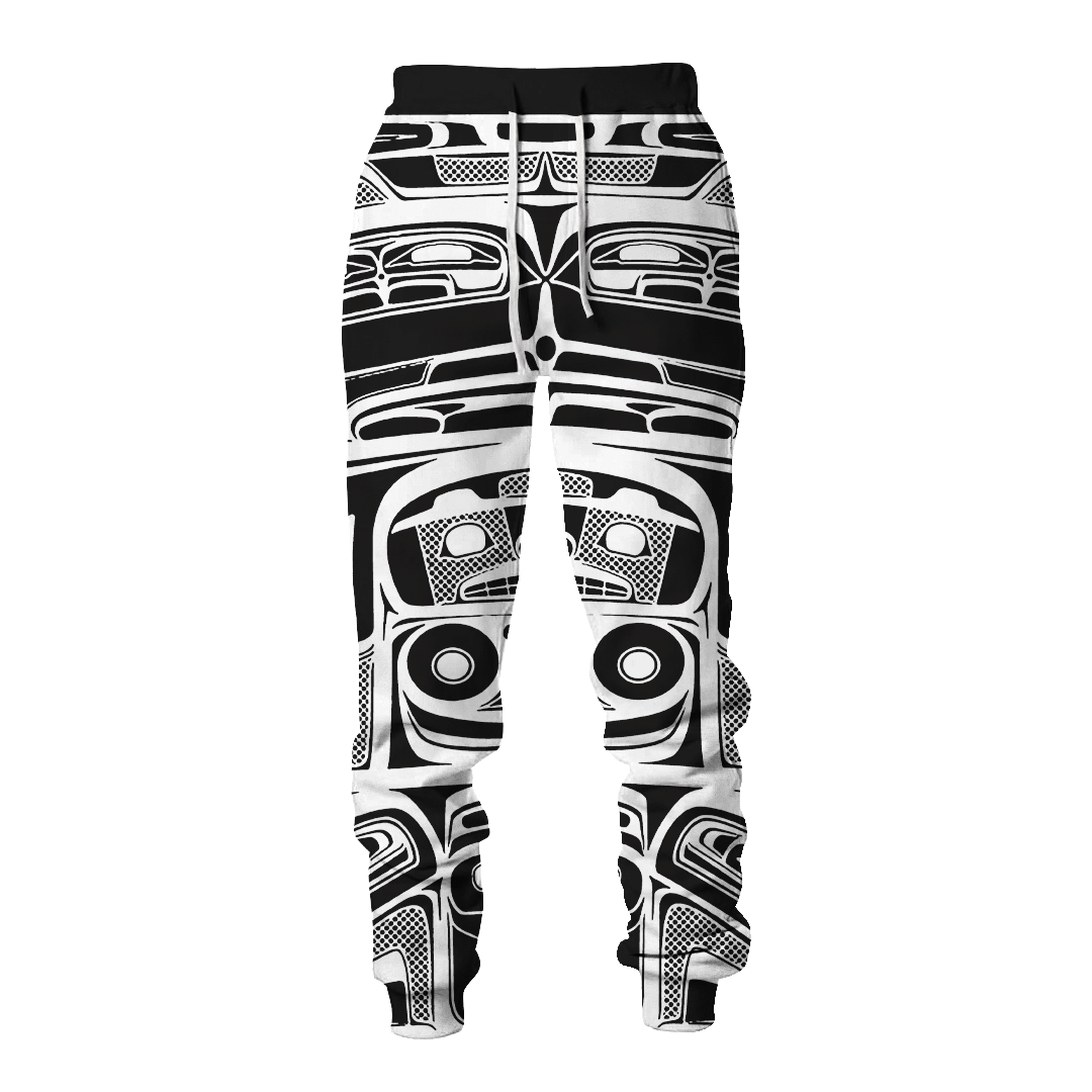 Back view of black-and-white all-over tattoo print sweatpants with elastic waistband