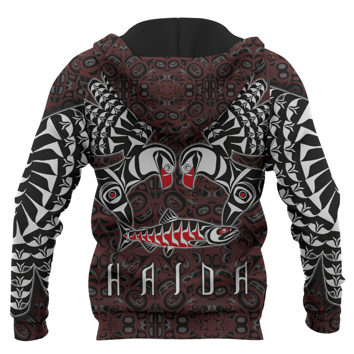 Back view maroon-and-black tribal all-over print pullover hoodie, hood and sleeves