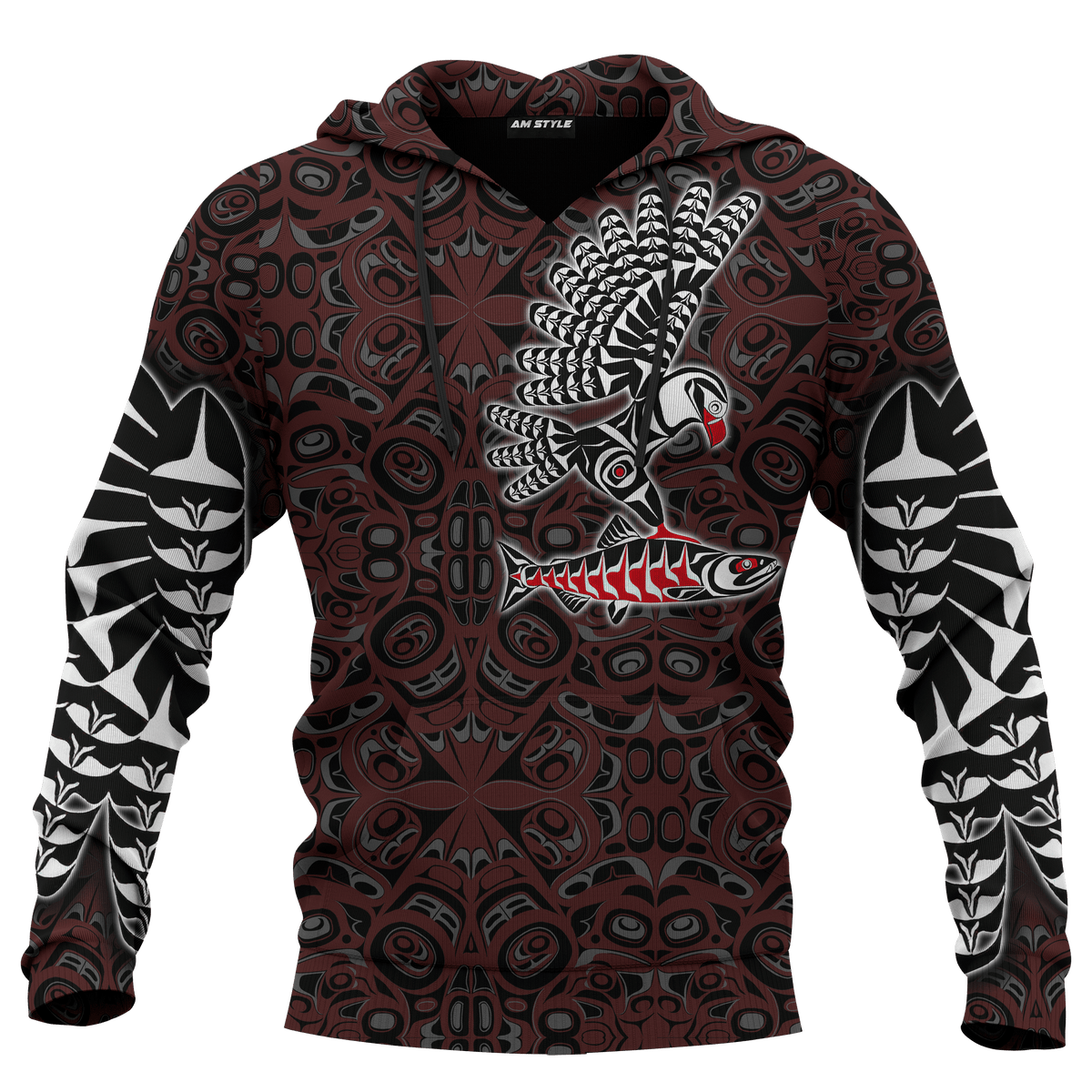 Maroon tribal all-over print pullover hoodie, hood and long sleeves