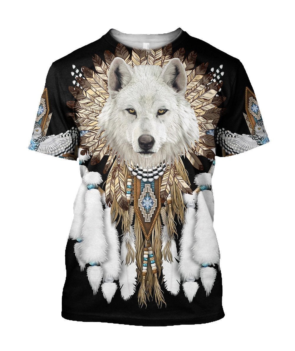 Black all-over wolf spirit T-shirt with white wolf face and feather headdress print