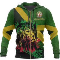Green Jamaica zip hoodie with lion front graphic and Jamaica crest; gold zipper