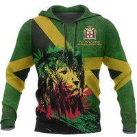 Green Jamaica hoodie pullover with lion portrait graphic and Jamaica crest on chest