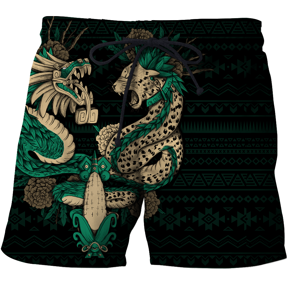 Unisex drawstring shorts, all-over Aztec quetzal print in green/black
