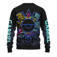Black sweater back with neon Aztec-style animals and concentric circle graphic, all-over print