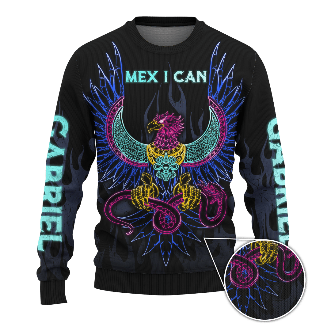 Unisex black sweater with neon rooster, wings and flame graphics, full front 3D print