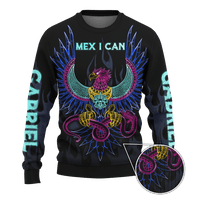 Unisex black sweater with neon rooster, wings and flame graphics, full front 3D print