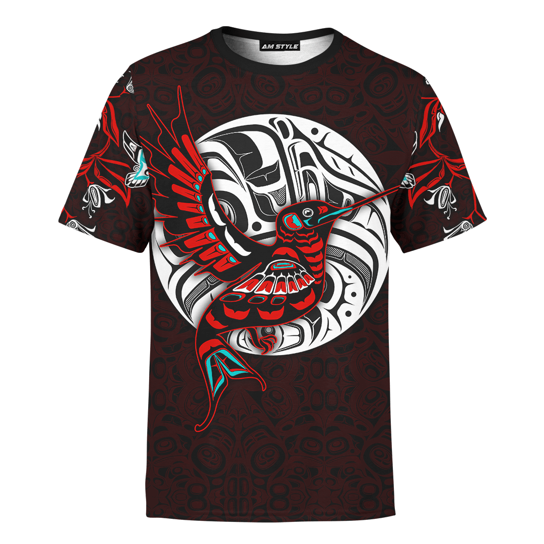 All-over printed T-shirt with hummingbird graphic, red/white design on dark maroon