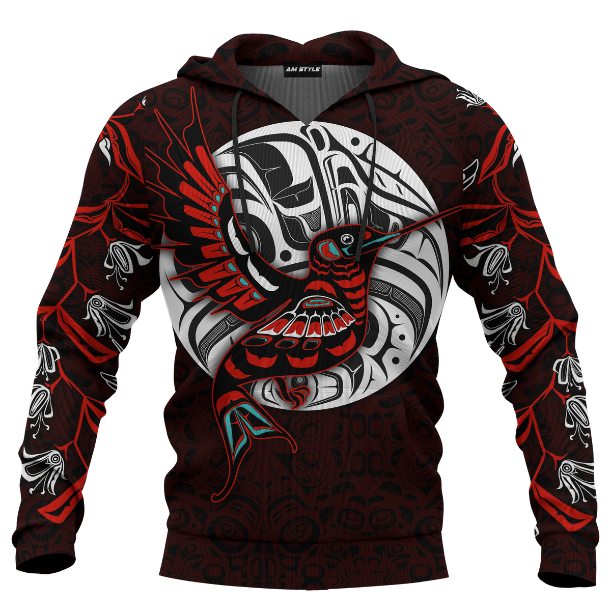All-over printed pullover hoodie with bird face graphic, red and white on dark maroon
