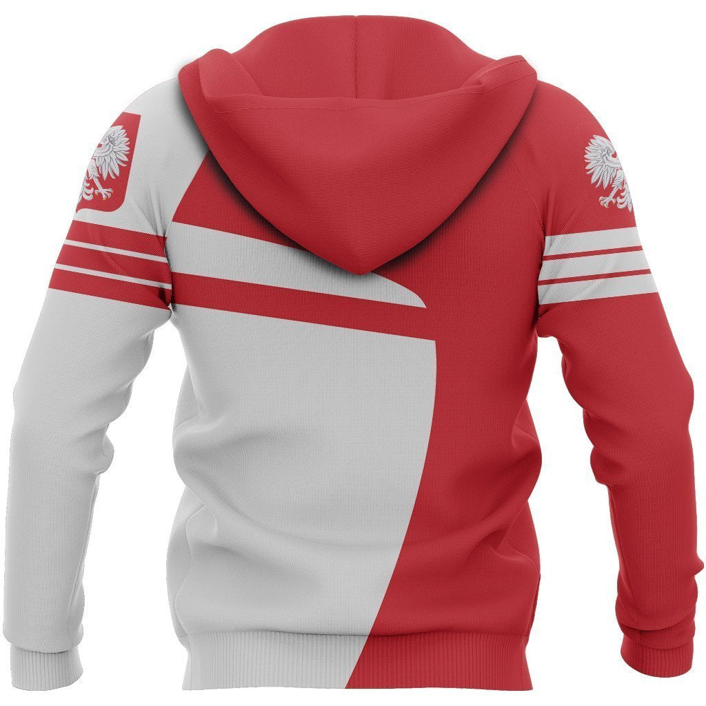 Hooded zip hoodie back view with red/white diagonal flag stripe design and ribbed cuffs