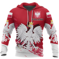 Red zip-up hoodie with all-over Poland print, eagle emblem on chest and graphic sleeves