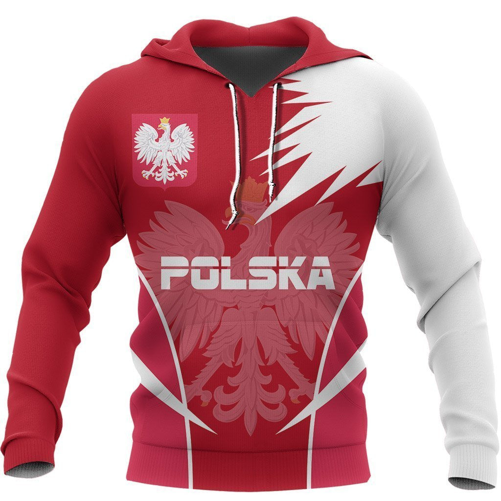 Red zip hoodie with white Polska crest and eagles graphic, front view