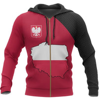 Maroon zip hoodie with Poland map graphic, white eagle crest patch, and gold zipper