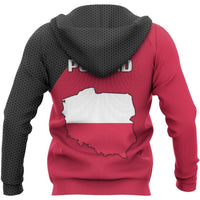 Maroon pullover hoodie back view with large white Poland map graphic panel