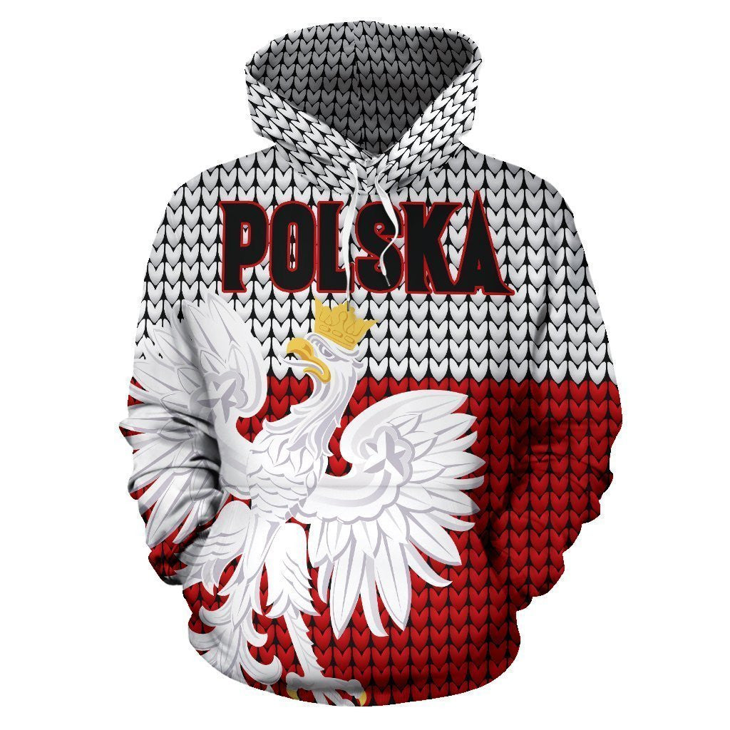 Poland knitted flag pullover hoodie, hooded front with eagle graphic and POLSKA text