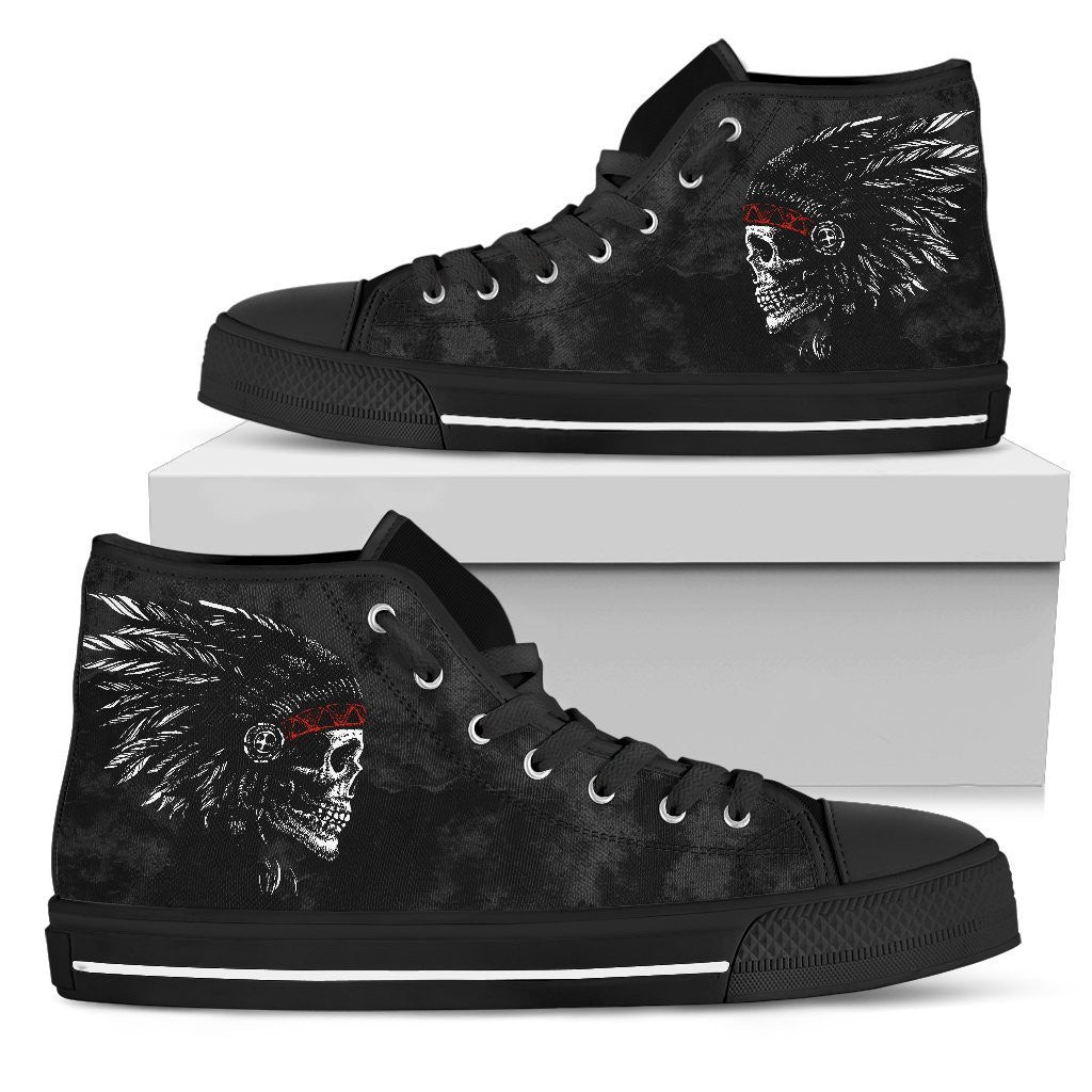 Ancient skull pattern high-top sneakers, black uppers with multicolor Native graphic