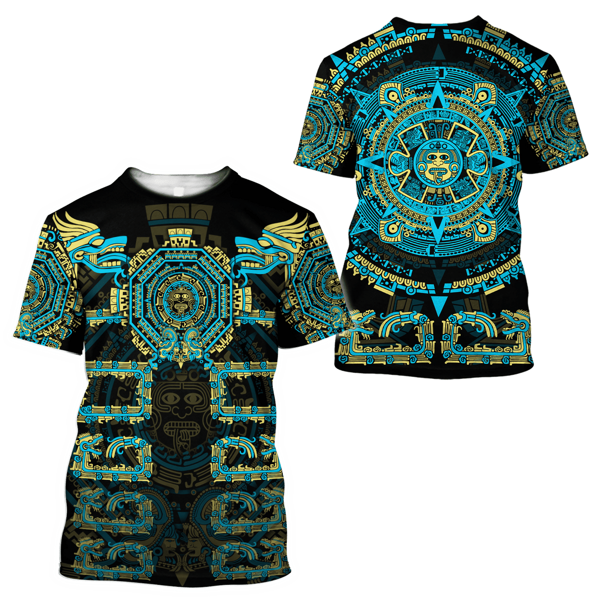 Aztec Mexico T-shirts: black with turquoise and gold Aztec medallion front graphic, adult and kid