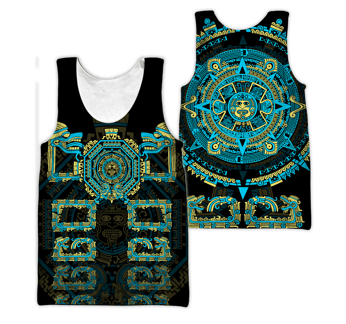 Unisex tank top with all-over Aztec-style print, dark base with turquoise and yellow patterns.