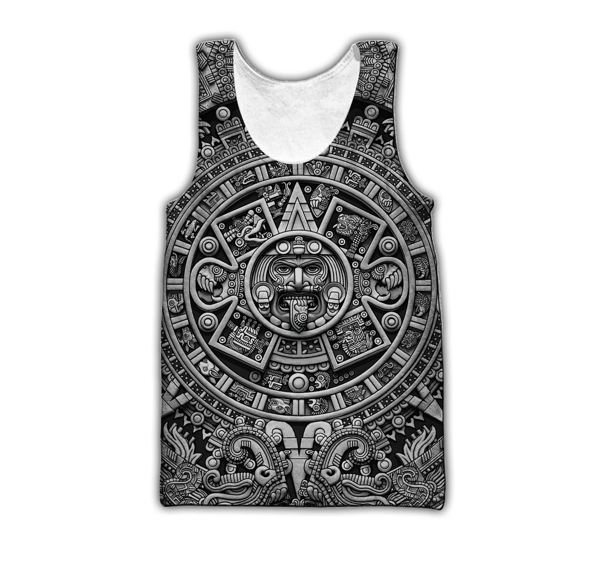 Unisex black tank top with white Aztec-style 3D all-over print and central face graphic