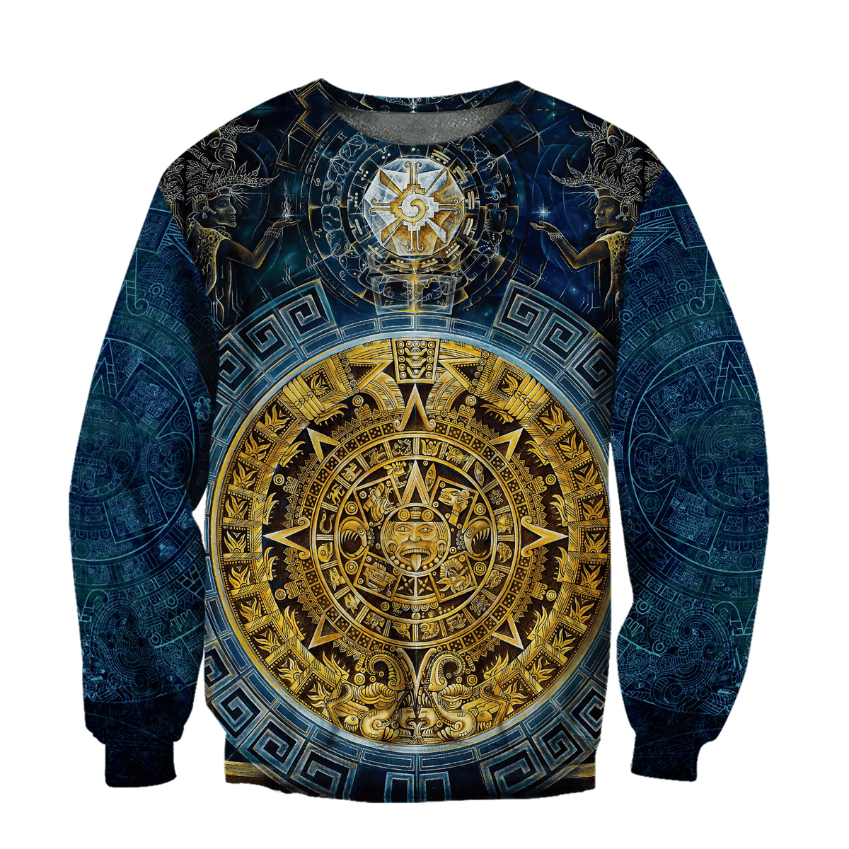 Unisex 3D printed sweatshirt with blue and gold Aztec sun glyph graphic all over
