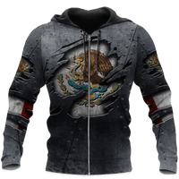 Zip hoodie with dark gray hood, eagle-and-armor all-over print, central zipper