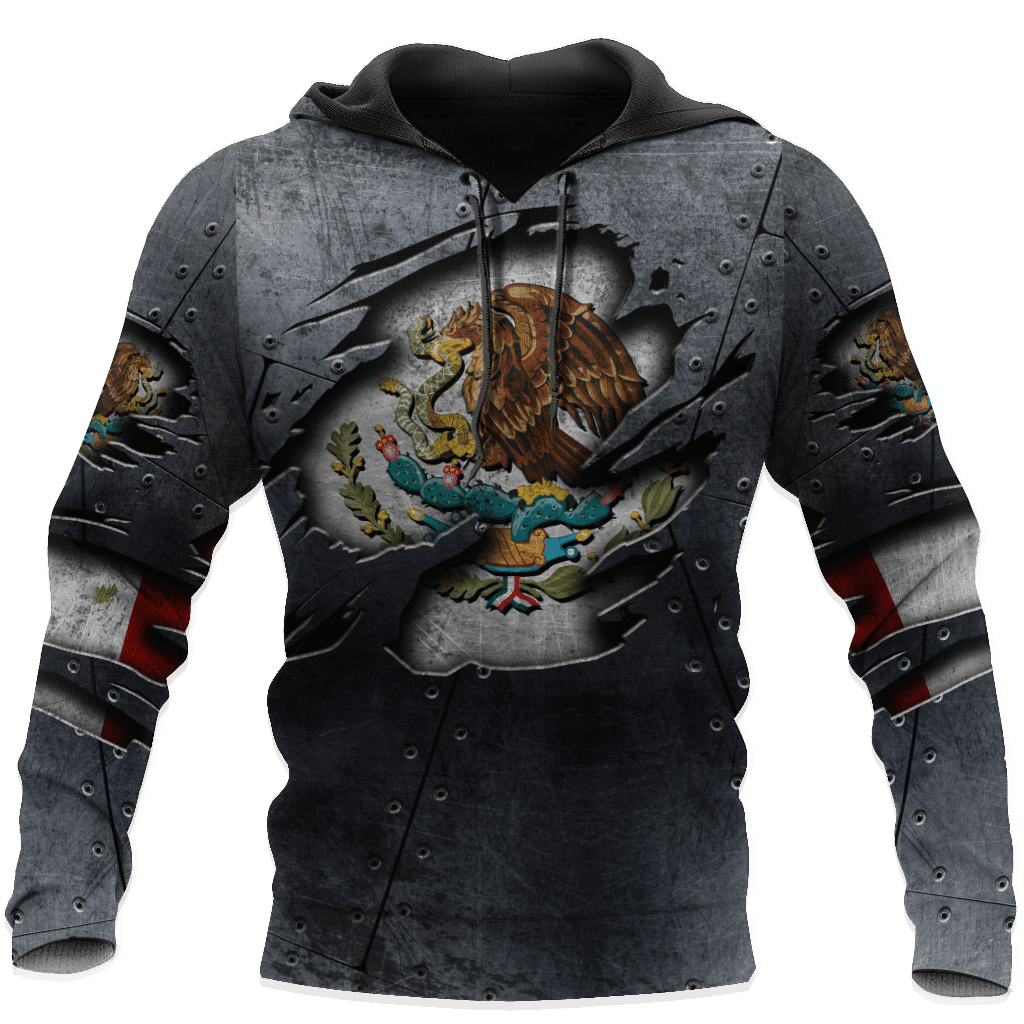 Pullover hoodie with dark gray hood, all-over eagle and armor graphic print