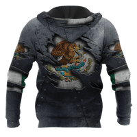 Pullover hoodie with dark gray hood, centered eagle-and-armor all-over print