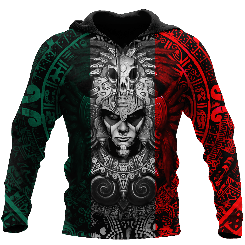 Pullover hoodie with 3D Aztec warrior all-over print, red-green skull face