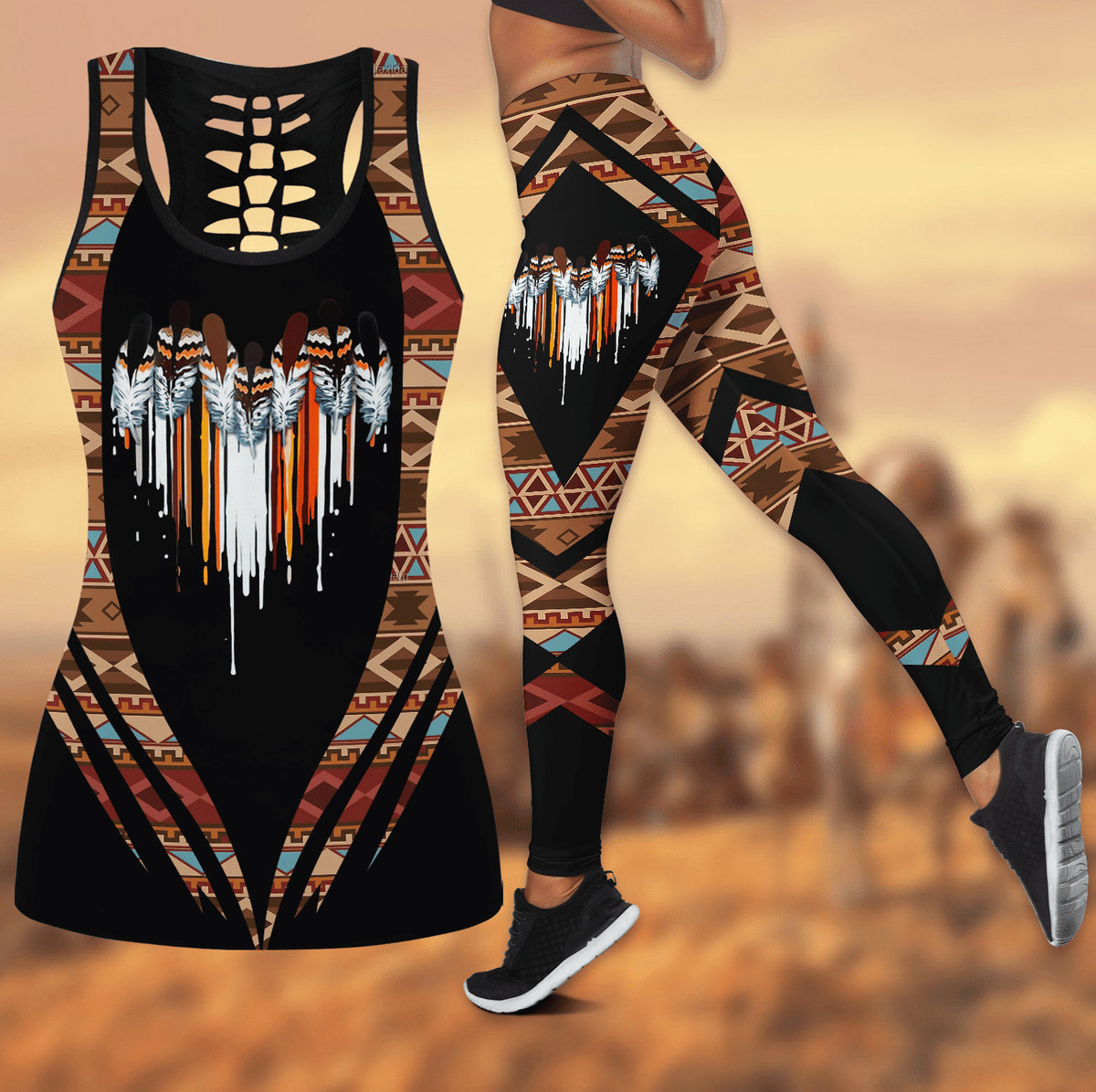 Multicolor printed leggings and hollow racerback tank, black with native-inspired border pattern