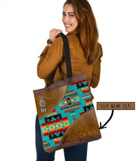 Canvas-Tote Bag multicolor Native-Print, braune Lederrand, benutzerdefinierter Name