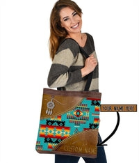 Canvas-Tote Bag, multicolor Native-Pattern, braune Ränder, Name-Feld
