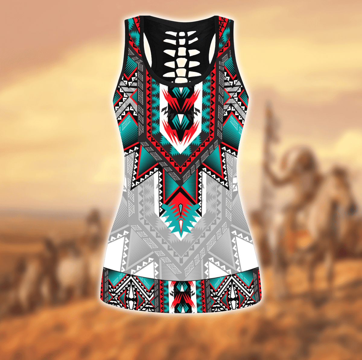 Multicolor geometric hollow racerback tank with black neckline and black side panels