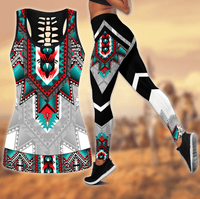 Native-style multicolor geometric hollow tank and leggings set on black and white