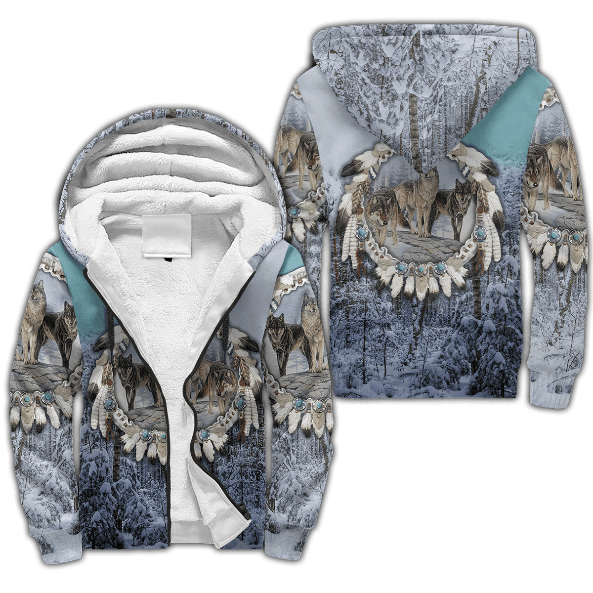 Unisex sherpa hoodie with all-over wolf and bead-pattern print, blue and white