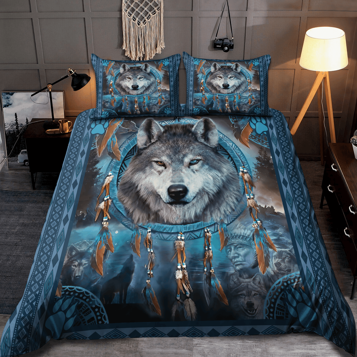 Bedding set: blue wolf and dreamcatcher all-over print with 2 pillowcases