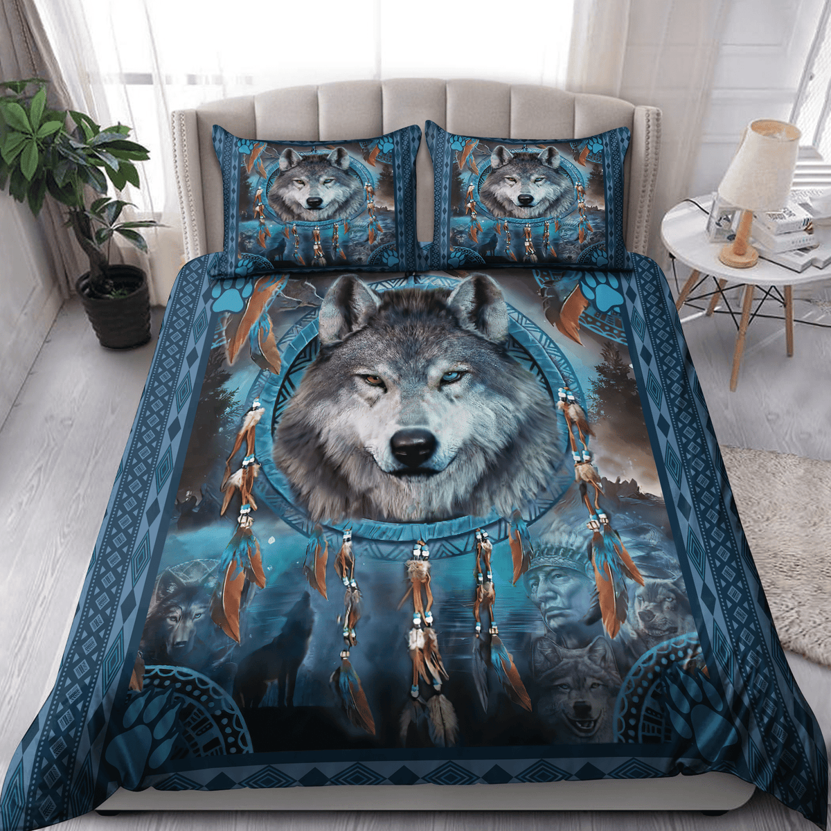Blue wolf dreamcatcher bedding set with matching pillow covers and comforter