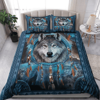 Blue wolf dreamcatcher bedding set with matching pillow covers and comforter