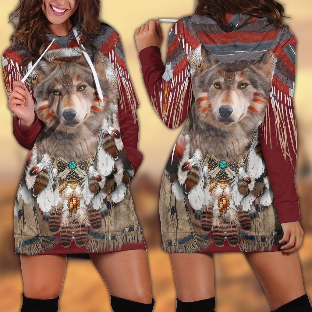 Multicolor hooded shirt dress with wolf face graphic, dreamcatcher, and feather accents